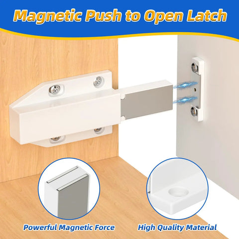 Slick Magnetic Push To Open Cabinet Latches Handle Free Touch Catch Heavy Duty Spring Loaded Drawer Closer No Sweat Setup For Rv Or Modern Closet Hardware 2 Pack showing latch mechanism on wooden surface.