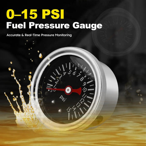 Adjustable Carburetor Fuel Pressure Regulator Kit With 0-15 PSI Gauge, Universal Fit For Classic Cars, Motorcycles, Boats, And Other Rides, Includes Fuel Block And 8mm 10mm Adapters For Smooth 1-5 PSI Tuning. 0-15 PSI fuel pressure gauge close-up