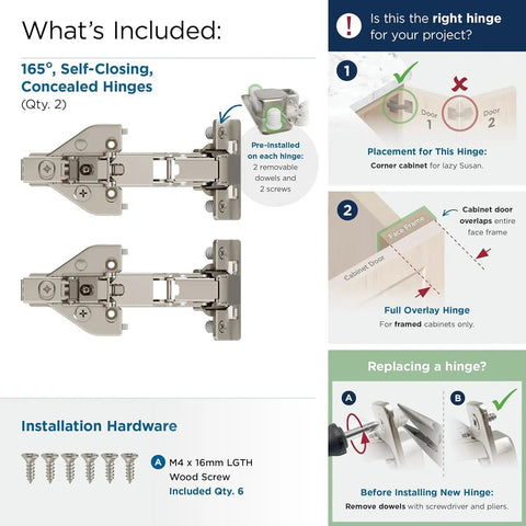 Durable Steel 165 Degree Bifold Cabinet Hinges For Lazy Susan Corners Self Closing Full Overlay Door Mount Peanuts To Install Sweet Nickel Finish Runs Smooth Strong Grip Hardware Included Box with included hardware.