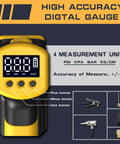 High accuracy digital gauge with four measurement units, showing PSI, KPA, BAR, KG/CM, and buttons for easy use.