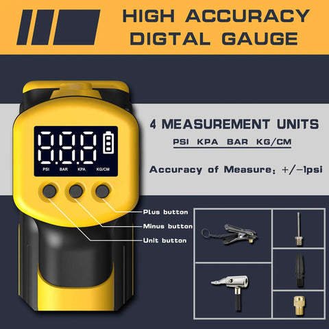 High accuracy digital gauge with four measurement units, showing PSI, KPA, BAR, KG/CM, and buttons for easy use.