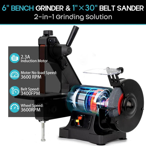 Rock Solid 6 Inch Bench Grinder And 1X30 Belt Sander Combo features a 2.3A motor and 3600 RPM for efficient metalworking.