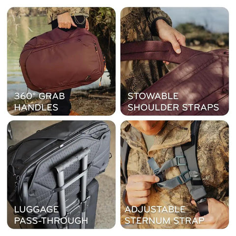 Go To Travel Backpack 45L Expandable From 35L To 45L With Weatherproof Shell, showing handles, straps, and luggage pass-through.
