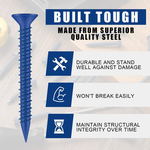 Built Tough 200 Piece Concrete Screws 3/16 X 1-3/4 Inch Blue Star Drive Masonry Anchors displayed on a wooden surface.