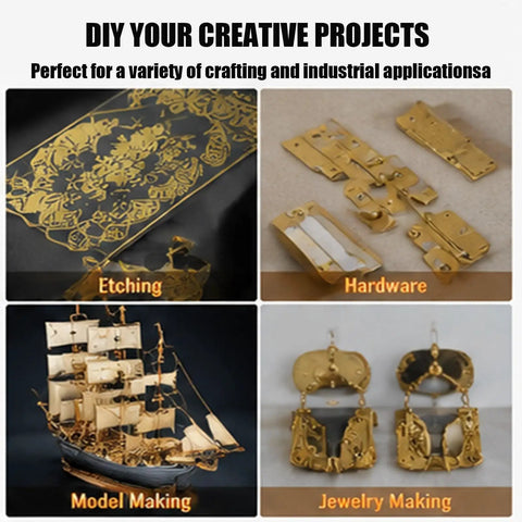 Dope Brass Sheets Set 10Pcs Thin Plates 0.1mm to 0.5mm Thick, High Conductivity, Corrosion Resistant for DIY projects, shown in etching, hardware, model making, and jewelry making examples.