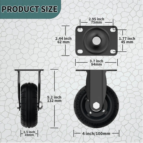Rock Solid 4 Inch Premium Plate Caster Wheels Swivel With Brake Heavy Duty dimensions showing 4 inch rubber tire and swivel base.