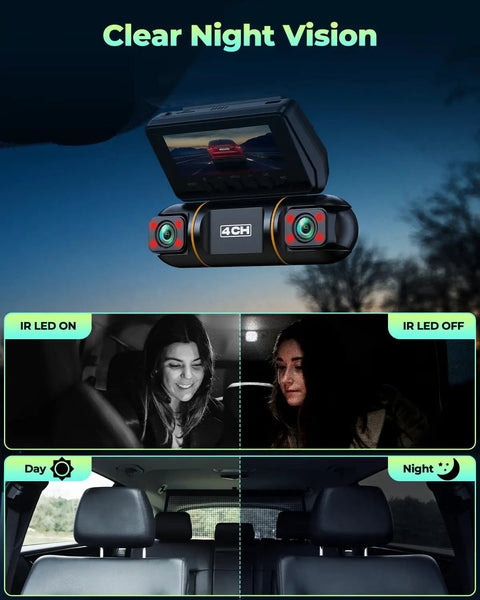 4 Channel Dash Cam With 360 View And 1080P Front Rear Inside Left Right Cameras, Night Vision Demo with IR LED on and off