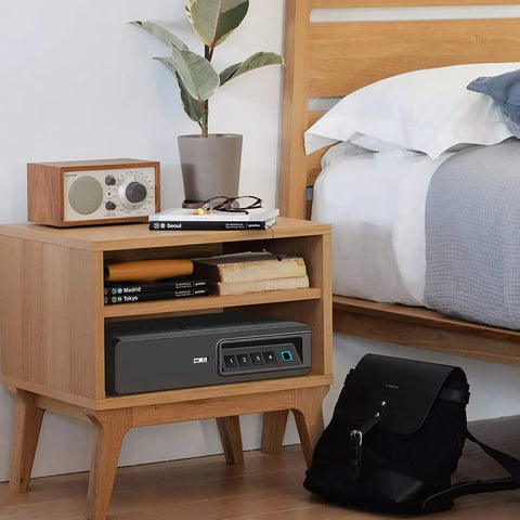 Biometric Gun Safe For Two Pistols, Slide Away Drawer Safe With Grab-And-Go Quick Access Biometric Scanner in bedroom setup