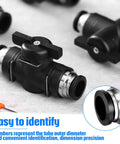 Close-up of a Five Pack Go To One Half Inch OD Push To Connect Pneumatic Ball Valve with Quick Connect Air Fittings for PVC