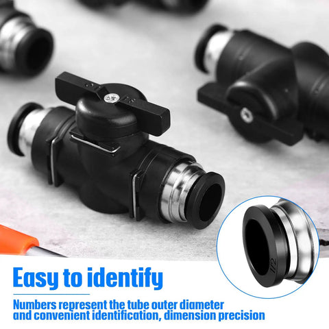 Close-up of a Five Pack Go To One Half Inch OD Push To Connect Pneumatic Ball Valve with Quick Connect Air Fittings for PVC