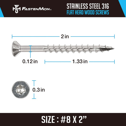 #8 x 2 Marine Grade 316 Stainless Steel Deck Screws, 450 PCS - Flat Head T20, Type 17 Point, Rust Resistant, Quick Drive