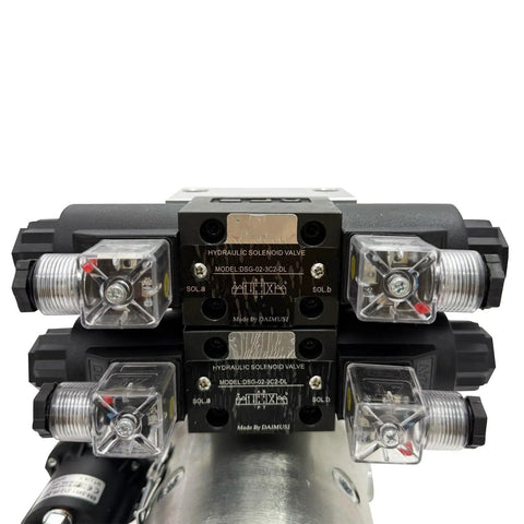 Dinenovate 24V Double Acting Hydraulic Power Unit 2200W Mini Pack solenoid valves with clear covers and labels
