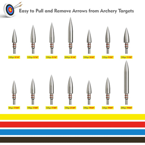 Image of 12 Pack Archery Field Points Stainless Steel Screw-In Arrow Tips For Recurve And Compound Bows, 19 By 64 Dia, 39mm Length, 100 125 150 200 300 Grain, Durable Target Practice And Hunting Tip Set displayed with various grain sizes and dimensions.