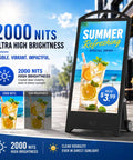 32 Inch Hella Bright Portable Outdoor Digital Signage Featuring 2000 Nits IP65 Waterproof Rugged LCD Display With 1200Wh Extended Run Time Battery For Smooth Plug And Play CMS Kiosk showcasing a vibrant drink promo