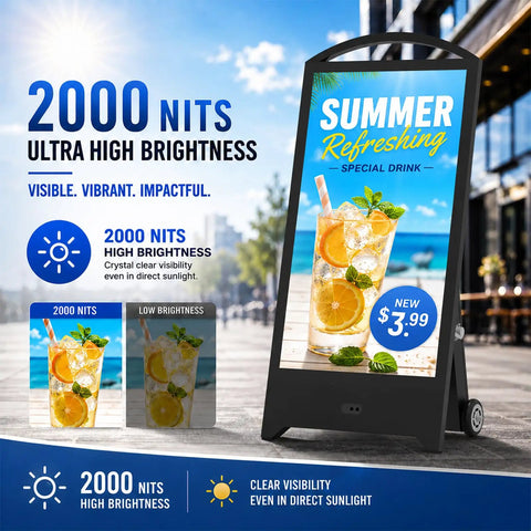 32 Inch Hella Bright Portable Outdoor Digital Signage Featuring 2000 Nits IP65 Waterproof Rugged LCD Display With 1200Wh Extended Run Time Battery For Smooth Plug And Play CMS Kiosk showcasing a vibrant drink promo