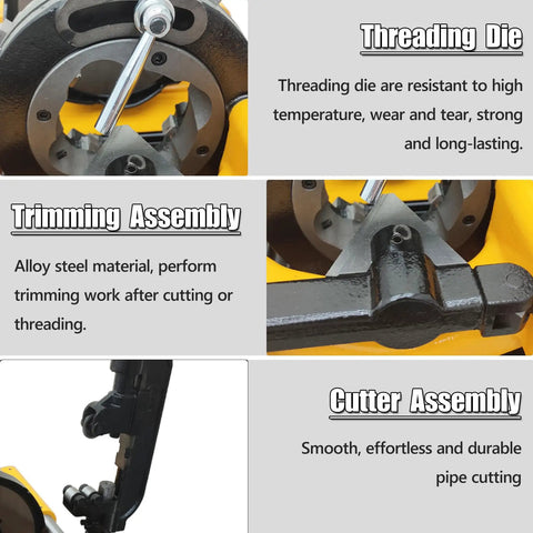 Close-up of Heavy Duty 220V Electric Pipe Threader components, featuring alloy steel threading die and trimming assembly.