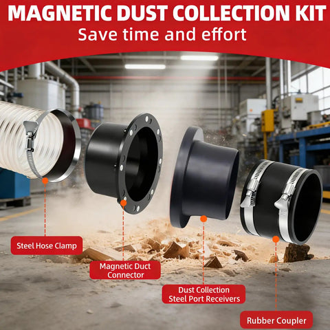 Magnetic Quick Connect Dust Collection Kit For 4 Inch Hoses And Tools Universal 4 Inch Adapter components displayed