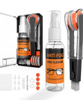 Glasses cleaning kit with anti-fog lens cleaner spray, microfiber cloth, cleaning brush, and spare pads in a black case