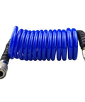 Flexible Polyurethane Recoil Air Hose, One Quarter Inch Inner Diameter, Ten Feet Blue With Bend Restrictor And Industrial Quick Coupler And Plug