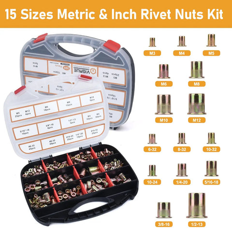 16 Inch Rivet Nut Tool Kit With 15 Mandrels And 300 Rivet Nuts Assortment For Metric And SAE Sizes, open case with rivets