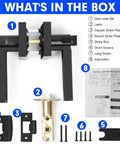 What's in the box: Privacy Door Levers Two Pack Black Heavy Duty Interior Door Handles, latch, plates, screws, instructions.
