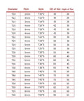 Table of specifications listing diameter, pitch, style, and nut dimensions for various lead screws
