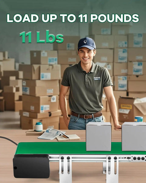 Man standing by Desktop Belt Conveyor 20 Inch With Reverse Switch And Stepless Speed Control For Packaging, boxes in background