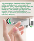 Tough As Nails Soft Close Cabinet Dampers Smooth Operator for tool-free door adjustments, fitting 2kg to 35kg doors, shown with hand.