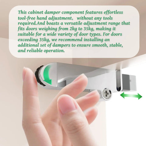Tough As Nails Soft Close Cabinet Dampers Smooth Operator for tool-free door adjustments, fitting 2kg to 35kg doors, shown with hand.