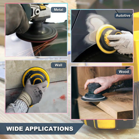 Four scenes showing 40 Piece 5 Inch Wet Dry Sanding Discs Set With Hook And Loop System used on metal, automotive, wall, and wood surfaces.