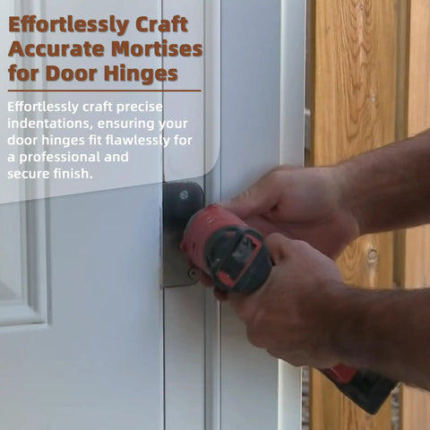 Pro Grade Door Jamb Hinge Jig for easy no fuss install used to craft accurate mortises on white door hinge area, black color tool