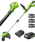 No Fuss Outdoor Cleaning Cordless String Trimmer Paired With Killer Leaf Blower Combo Kit with battery, edger adapter, and spools.