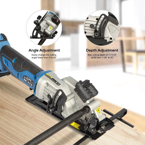 Badass Cordless Mini Circular Saw Featuring 4-1/2-Inch Pure Copper Motor And Integrated Laser Guide For Clean Cuts Rapid Setup Lightweight Build with angle and depth adjustment features.