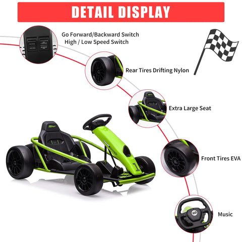 Kids 24V Electric Go Kart With Dual 300W Motors, 9Ah Battery, 8 MPH Rad Drift Power, green frame, extra large seat