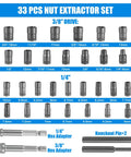 33 Piece Bolt Extractor Kit Set With 1/4 And 3/8 Drive Bits shown with all pieces and sizes labeled