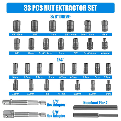 33 Piece Bolt Extractor Kit Set With 1/4 And 3/8 Drive Bits shown with all pieces and sizes labeled