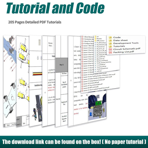 Toy robotic car kit with 4WD Mecanum wheels; front collage showing 205-page PDF tutorials and code screenshots
