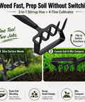 Image of 2 In 1 Garden Hoe With Stirrup Action And 4 Tine Cultivator Rake On A 74 Inch Handle, shown in action slicing surface weeds and loosening soil.