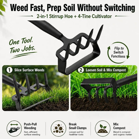 Image of 2 In 1 Garden Hoe With Stirrup Action And 4 Tine Cultivator Rake On A 74 Inch Handle, shown in action slicing surface weeds and loosening soil.