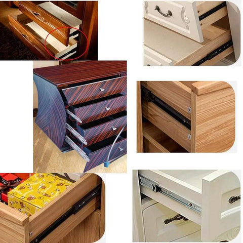 Full Extension Ball Bearing Drawer Slides 10 Inch Set of 4 Pairs in various wooden drawers showcasing installation and use.