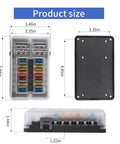 Dimensions of Rugged 12 Way 12V Fuse Box With LED Indicator Waterproof Cover And Ground Bus for vehicles.
