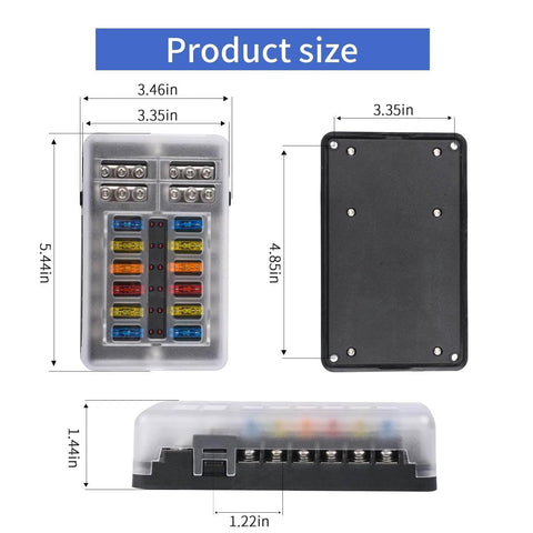 Dimensions of Rugged 12 Way 12V Fuse Box With LED Indicator Waterproof Cover And Ground Bus for vehicles.