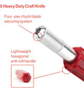 Close-up of K5 heavy-duty craft knife with knurled metal blade holder and red hexagonal anti-roll handle