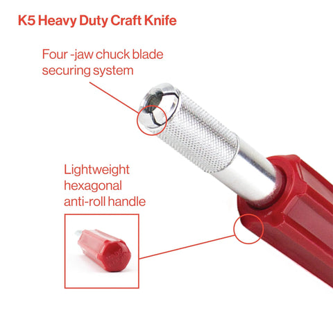 Close-up of K5 heavy-duty craft knife with knurled metal blade holder and red hexagonal anti-roll handle