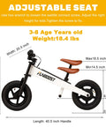 Electric Balance Bike For Kids 12 Inch Pneumatic Tires With 150W Peak Motor And 24V Battery 6 Mile Range Suspension Fork Adjustable Seat Kid Friendly Learn To Ride Toy For Ages 3 To 8 side view with seat height measurements