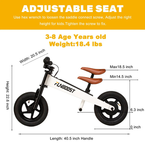 Electric Balance Bike For Kids 12 Inch Pneumatic Tires With 150W Peak Motor And 24V Battery 6 Mile Range Suspension Fork Adjustable Seat Kid Friendly Learn To Ride Toy For Ages 3 To 8 side view with seat height measurements