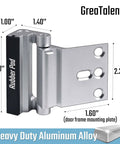 Triple Pack Door Reinforcement Lock For Home Security With Childproof Safety Heavy Duty Aluminum Frame Lock For Inward Swinging Doors Easy Install With Strong Screws Prevent Unauthorized Entry Silver Finish, showing dimensions and rubber pad.
