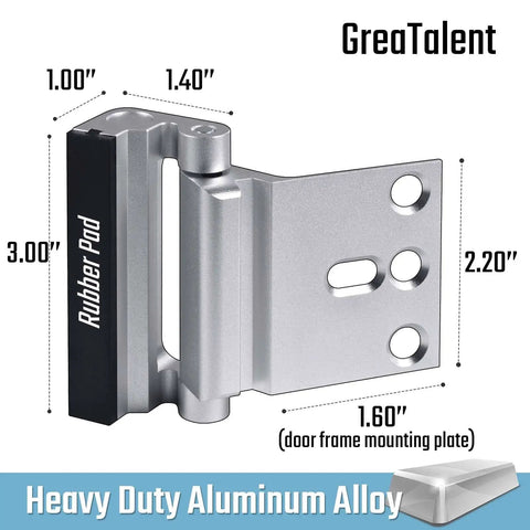 Triple Pack Door Reinforcement Lock For Home Security With Childproof Safety Heavy Duty Aluminum Frame Lock For Inward Swinging Doors Easy Install With Strong Screws Prevent Unauthorized Entry Silver Finish, showing dimensions and rubber pad.