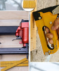 Pro Level 18 Gauge Narrow Crown Staples 7500 Count 1/2 X 1/4 Inch Gold Galvanized U Fasteners in a nail gun and stapler.
