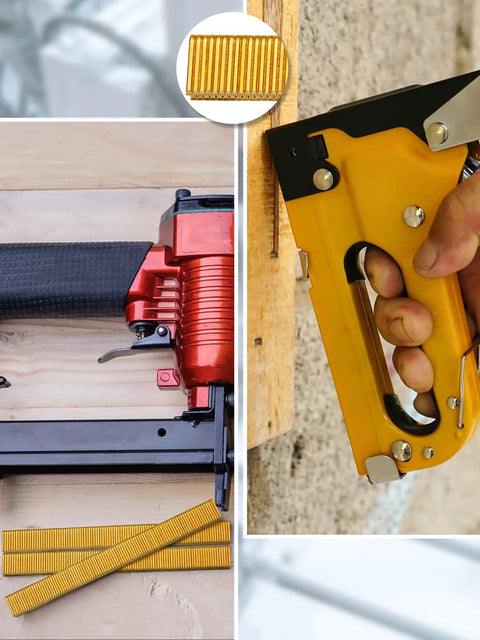 Pro Level 18 Gauge Narrow Crown Staples 7500 Count 1/2 X 1/4 Inch Gold Galvanized U Fasteners in a nail gun and stapler.